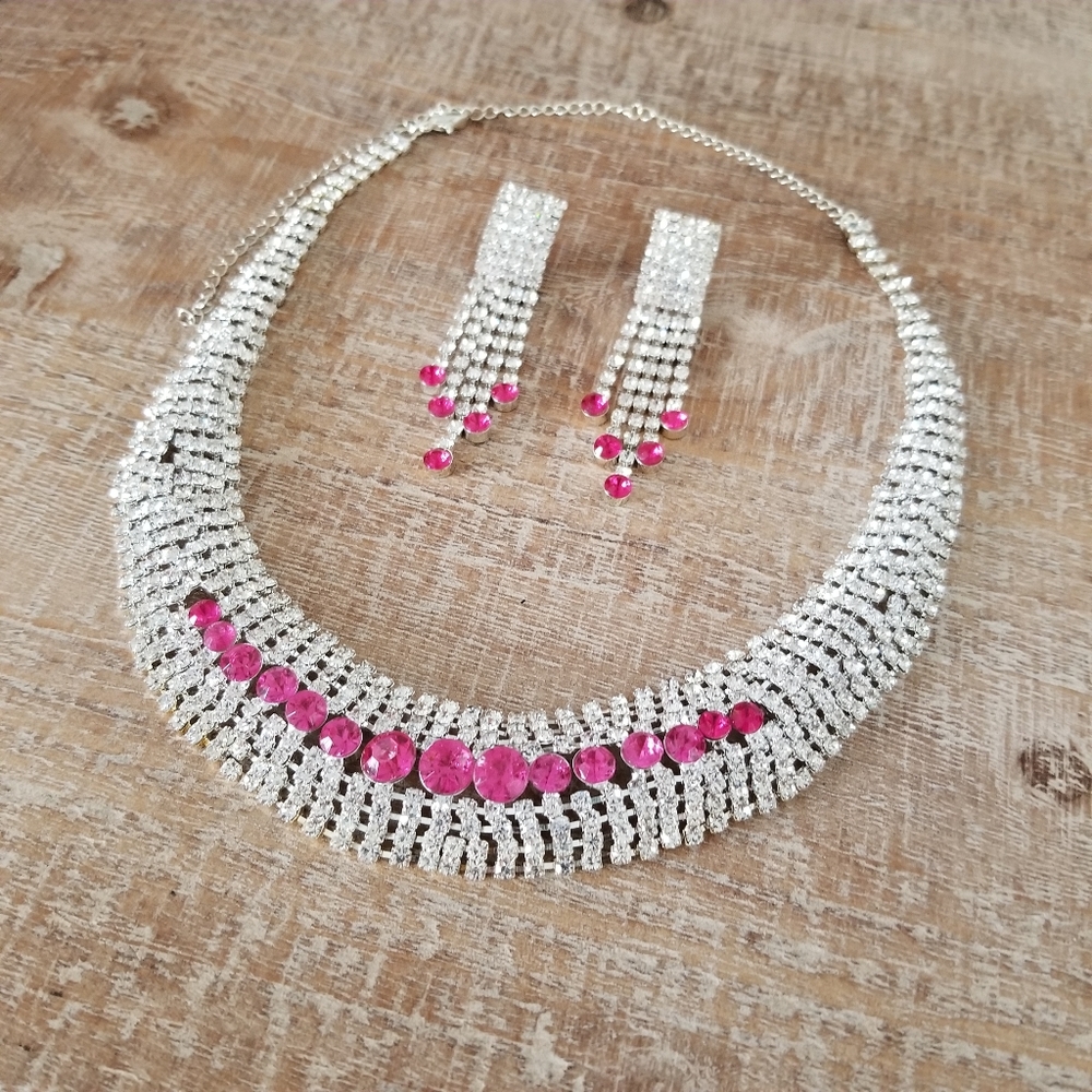 Large Pink and Silver Rhinestone Jewelry Set - Picture 2 of 7